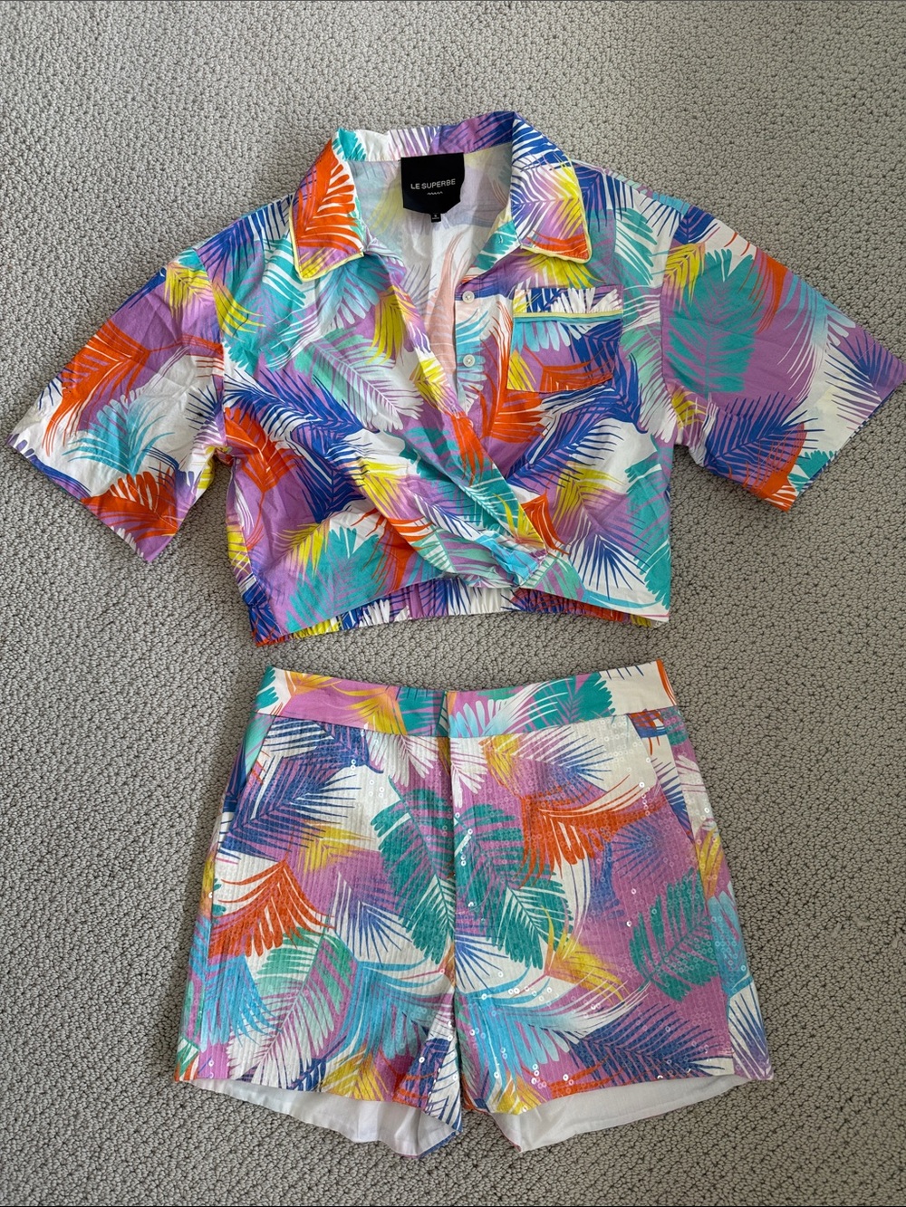 NWOT Le Superbe Tropical Desert Palm Crop Extra Camp Sequin Short Set Size S